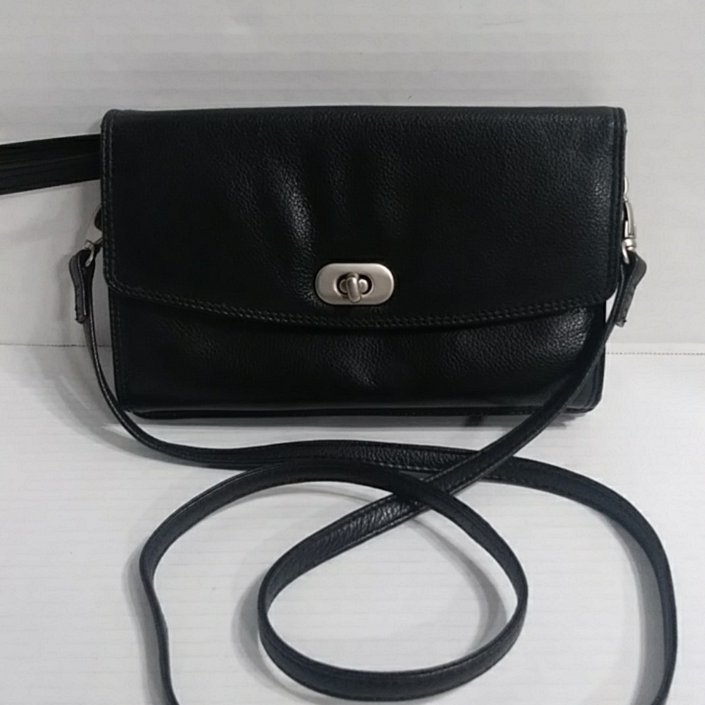 Women's Black Leather Wristlet Clutch with Crossbody Strap - Picture 2 of 8